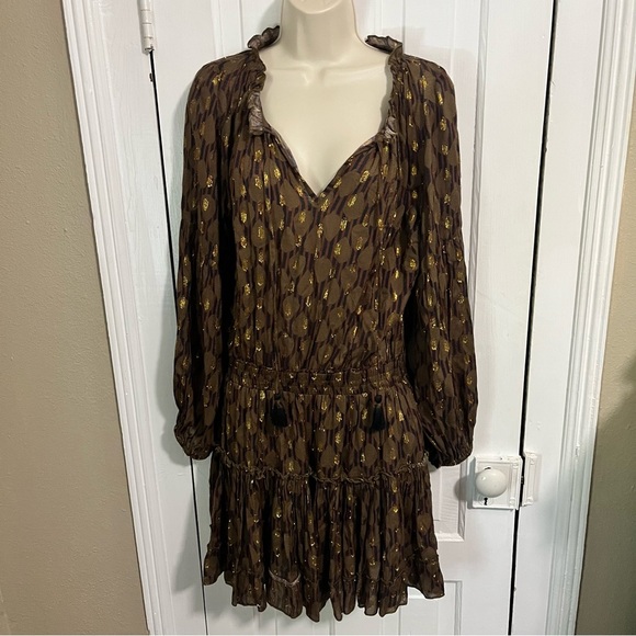 Oliphant Balloon Sleeve Short Dress Fig Olive Tassels Medium V2 - Picture 3 of 10
